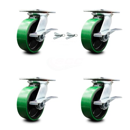 Service Caster 6 Inch Poly on Cast Iron Caster Set with Ball Bearing 4 Brake and 2 Swivel Lock SCC-35S620-PUB-GB-SLB-BSL-2-SLB-2